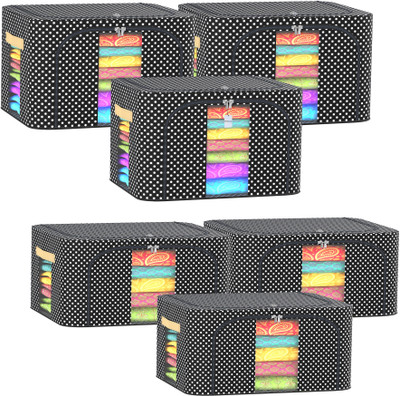 HOMESTIC by Kuber Industries Storage Box Pack of 6 Dot Print 24 Ltr Small and 66 Ltr Large Clothes Storage Box | Black Cloth Storage(Black)