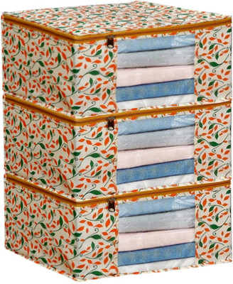 Sameer Enterprises Protector Covers Printed Design Combo Saree Bags (Ivory Pack Of 3) Non Woven Saree Cover With Zip Clothes Storage Bag Wardrobe Cloth Packing Organizer Large Transparent Window Garment(Ivory)