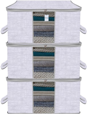 HOMESTIC Garment Cover Jute Printed Underbed Storage Bag with Handle|Clear Window|Large|Pack of 3|Gray Cloth Storage(Gray)