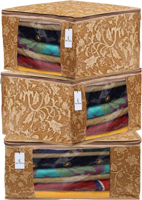 KUBER INDUSTRIES Designer Metalic Printed 3 Pieces Non Woven Fabric Saree Cover/Clothes Organiser for Wardrobe Set with Transparent Window, Extra Large (Beige)-KUBMART2790 KUBMART02790(Beige)