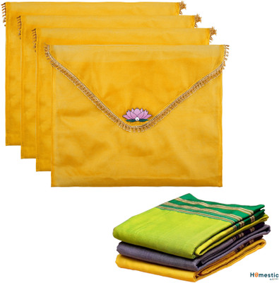 HOMESTIC Garment Covers 4 Pcs Organza Saree Covers for Gifting with Flap Closure | Golden Lace - Yellow 112HT43569(Yellow)