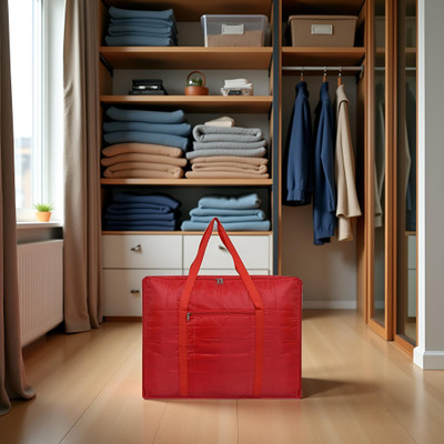 Ankit International Premium Satin Quilt Storage Bag for Blankets & Sarees | Large Foldable Organizer with Zip & Front Pocket | Travel Friendly | Pack of 01 AI-QSB-205(Red)