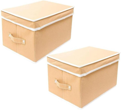 ROYSA Multipurpose Foldable Storage Box with Lid & Handle | Non-Woven Fabric Organizer for Clothes, Toys, Accessories, Books & Household Items Durable, Space-Saving & Dustproof Storage Solution Set of 2(Beige)