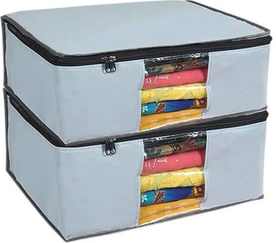 Shifa Hiyma Non-Woven Fabric Foldable Saree & Clothes Storage Bag with Transparent Window & Zipper Closure | Space Saver Wardrobe Organizer for Shirts, Kurtis, Sarees, Blouses & Daily Wear Set of 2(Grey)