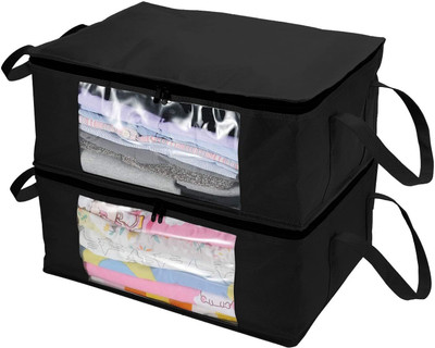 DOUBLE R BAGS Clothes Organizers Storage Bag Organizers with Reinforced Handle & Transparent Window Closet Storage with Zipper pack of 2(Black)