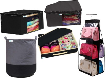 Unicrafts Garments Cover All Storage Organizer Foldable Combo in one Pack of 5 Black 1-1-1-1-1 Laundry Bag45LGrayBlack_SareeCover_Blouse Cover_Lingrei _Purse Organizer (Black)(Black)