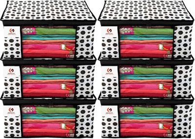 House of Common Polka Dots Design 6 Piece Non Woven Fabric Set of 6 Non-Woven Printed Saree Cover/Cloth Storage with Transparent Window BD-P6-SC(Black & white)