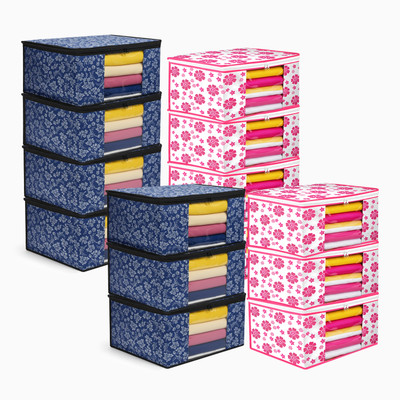 MERAO 14 Pcs Saree Covers | | Foldable Print Saree Storage Bags || Clothes Organizer(Pink, Blue)