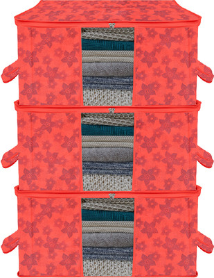 KUBER INDUSTRIES Saree Cover New Flower Underbed Storage Bag|Clear Window|Zipper & Handle|Large|Pack of 3|Red 74KM12858(Red)