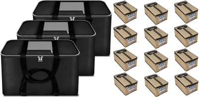 AQSA ENTERPRISE 3 Pieces Large Foldable Storage Bags with Zipper for Clothes & Sarees & Carry Handles | Foldable Large Capacity Utility Organizer Blanket Cover Grey mix Black-Q3_Tie Print Shirt Cover Beige-P12(Grey mix Black, Beige)