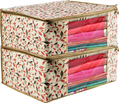 KITTI Saree Cover Premium High-Quality Trendy Saree Cover Storage Bag For Wardrobe Organizer Garments Storage bags-Big in size Leaf Printed saree cover Pack of 2(Beige, Orange)
