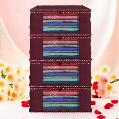 KUBER INDUSTRIES Saree Cover (Pack of 4) Foldable 9 Inch Hathkadi Piping Non-Woven Saree Covers | Maroon Cloth Storage(Maroon)
