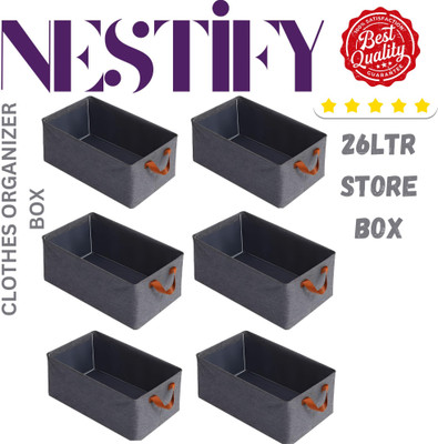 NESTIFY 26 LTR PACK OF 6 Foldable Steel Frame Clothes Organizer Storage Box for Clothes Household Wardrobe Cloth Storage Box Steel Frame Support Closet Storage Bin Cover Boxes with Handles for Wardrobe Clothes, Sarees, Bed Sheet, Blanket(Grey)