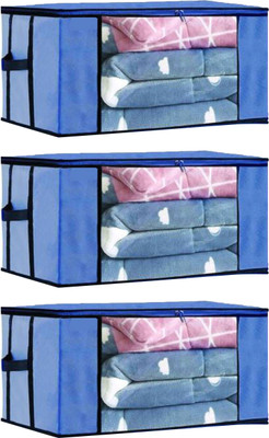 Ryboa Haima Non Woven Foldable Multipurpose Underbed Storage Bag Wardrobe Organizer Transparent Window Blanket Cover and Zipper Closer With Side Handles (Set of 3)(Blue)