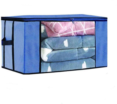 TUFRY Non Woven Multipurpose Foldable Underbed Storage Bag Wardrobe Organizer Transparent Window Blanket Cover and Zip Closer with Side Handles | Set of 1|(Blue)