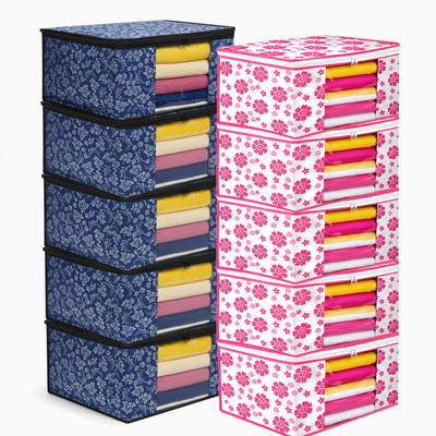 MERAO Foldable Saree Cover Set of 10 || Printed Saree Bags for Wardrobe Storage || Garment Organizer(Pink, Blue)