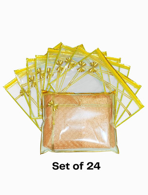 FLYLYF Transparent Single Saree cover 24 set Organza Premium Quality Sadi Packing Bag for wedding Gifting 24 Piece Saree storage bags with zip Suit packing covar(Golden saree keeping bags Dress packing cover)