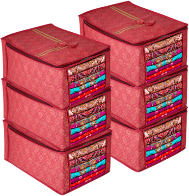 KUBER INDUSTRIES Saree Cover Bow Golden Print Saree Cover with Transparent Window|9 Inch|Pack of 6 Cloth Storage(Maroon)