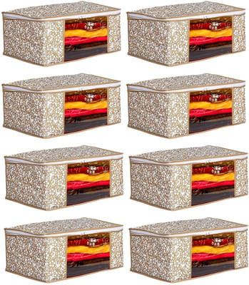 House of Common 8 pcs Non Woven Saree Cover/Clothes Organiser For Wardrobe Set Storage Bag with Front View Transparent Window And Zip For Lehenga, Suit, Dress, (Wedding Collection Gift) Premium Qulaity Garment Organizer Pack of 8, Beige(Beige)