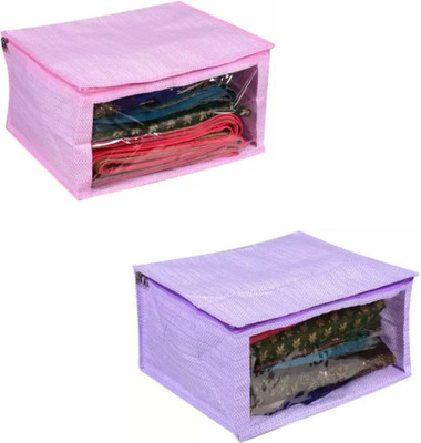 Sunesh Creation Fabric Cloth Cover Organiser Extra Large Saree Cover/Clothes Organiser for Wardrobe Set with Transparent Window Pack of 2(Pink, Purple)