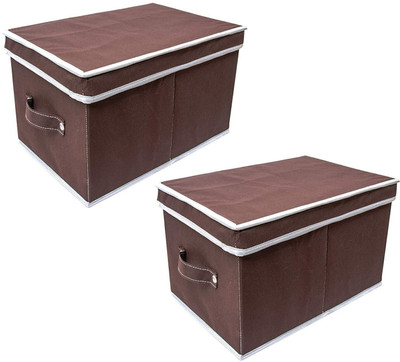 IMCREATIONS Non Woven Multipurpose Storage Box With Lid & Side Handle Foldable Organizer for Clothes, Toys, Books and Other Household Items Pack of 2(Brown)
