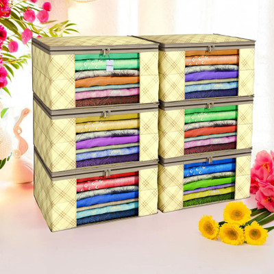HOMESTIC by Kuber Industries Saree Cover (Pack of 6) Foldable 9 Inch Check Print Non-Woven Saree Covers | Cream Cloth Storage(Cream)