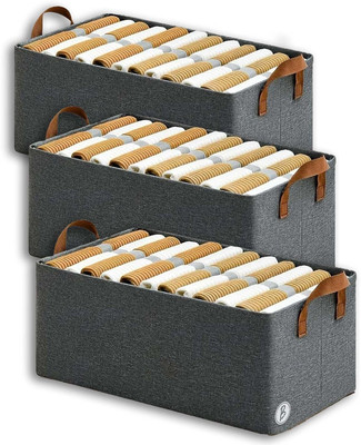 Vervita 3 PCS Wardrobe Organizer for Clothes with Metal Frame Rectangle Storage Baskets Fabric Storage Box with Handles Shelf Basket for Storage Clothes Pants Jeans(Grey)