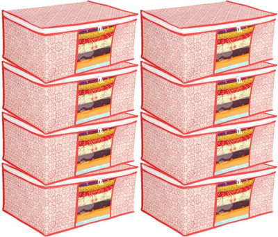DKS enterprise cloth storage box Non-Woven Fabric Saree Cover Clothes Organiser with Transparent Window storage box for clothes Pack - 8(Red)