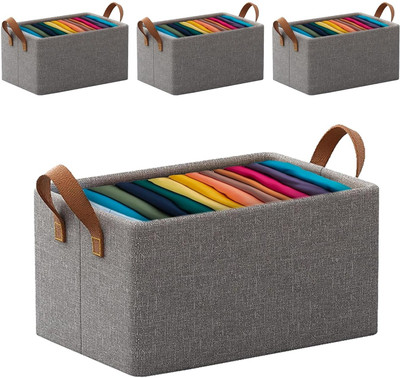 PRO99S Wardrobe Organizer for Clothes 26L with Metal Frame Rectangle Storage Baskets Collapsible Cloth Storage Box Storage Organizer Basket Cubes PACK OF 4 Storage Box with Handles Shelf Basket for Storage Clothes Pants Jeans Sweater(Grey)
