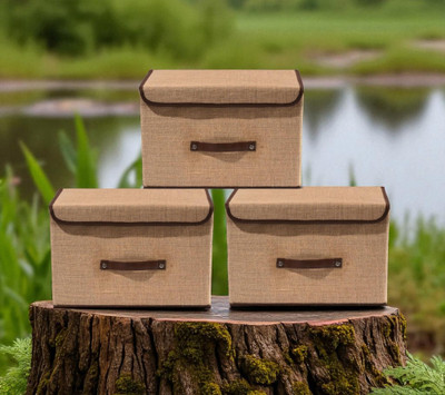 ZENCRAFT Set of 3 Jute Finish Foldable Storage Boxes with Lids & Handles Collapsible Cloth Organizer Bins for Wardrobe, Books, Toys, Clothes(Beige)