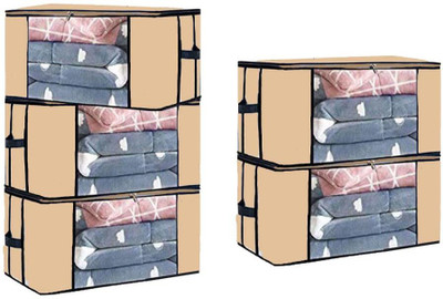 ZENCRAFT Set of 5 Foldable Non Woven Fabric Storage Bags with Transparent Window & Zip Closer Multipurpose Storage Organizers for Clothes, Sarees, Blankets, Quilts, Toys – Large Capacity Bags(Beige)