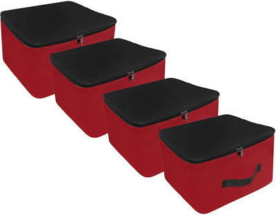 infinity craft Moisture Proof Nylon Rectangular Underbed Storage Bag For Multi Purpose Use Foldable, Blanket Cover with Side Handles Set of 4(Black, Red)