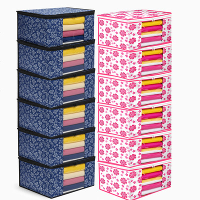 MERAO 12 Saree Organizer Bags || Foldable Printed Saree Covers || Cloth Storage Bags(Blue, Pink)