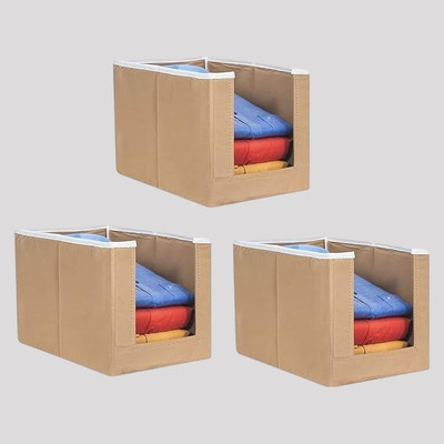 ZENCRAFT Open Front Non-Woven Fabric Shirt Stacker Organiser | Large Foldable Cloth Storage Box with Handle for Wardrobe T-Shirts, Shirts, Jeans, Sweaters, and More Combo of 3(Beige)