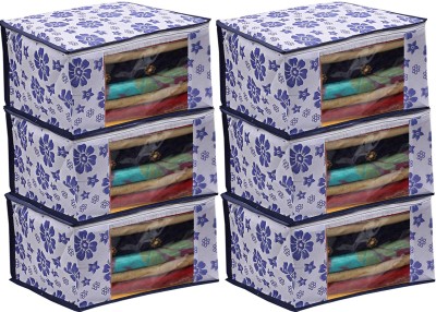 Unicrafts Saree Cover Non Woven Sari Storage Bags with a Large Transparent Window for Clothes Flower Print Blue Large_Saree_Cover Blue Pack of 6(Blue)