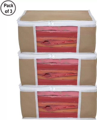 Divya Creation Pack Of 3 Beige Non Woven High Quality Garment Saree Cover Wardrobe Organizer/Space Saver Covers Cloth Storage Organizer With Dual Zipper & Foldable DC-LARGSRECORBEIG 03(Beige)