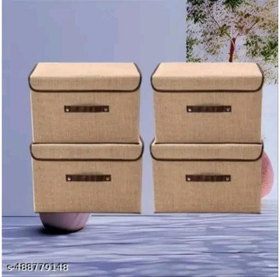 Camron Craft Set of 4 Non Woven Big and Small Foldable Space Saver Storage Box Wardrobe Closet Organizer Stackable Basket/ Bins with Lid & Front Handle for Clothes, Toys, Books(Beige & Brown)