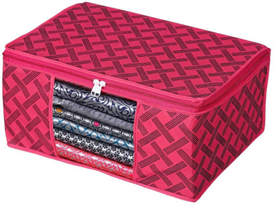 Royal Fashion Saree Bag Non Woven Clothes Storage Bag Saree Cover With Zip Storage Bag for Cloth Wardrobe Organizer Set Transparent Window Check Design Sari Cover Red Pack of 1(Pink)