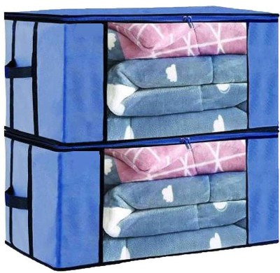 Wolfster Underbed Blanket Storage Bag for Wardrobe Organizer Blanket Cover with a large Transparent Window and Side Handles Zip Closure Protect from Dust Comforter Clothing Bedding (Set of 2)(Blue)