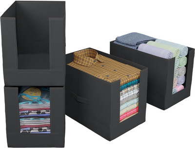 THAILIWALE Foldable Non-Woven Shirt Stacker Organizer Box Front Open Cloth Storage Box / Cupboard Organizer for Clothes Wardrobe Organizer Black Box ST-4 (Pack of 4)(Black)