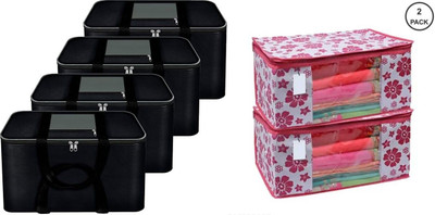 AQSA ENTERPRISE 4 Pieces Large Foldable Storage Bags with Zipper for Clothes & Sarees & Carry Handles | Foldable Large Capacity Utility Organizer Blanket Cover Grey mix Black-Q4_Pink Floral Print Saree Cover-P2(Grey mix Black, Pink)