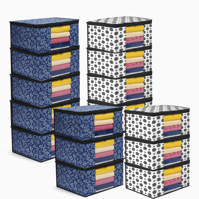 MERAO Saree Storage Bags Combo of 16 || Clothes Organizer with Zip & Handle | Non-Woven Fabric Saree Cover Set for Wardrobe(Black, Blue, White)