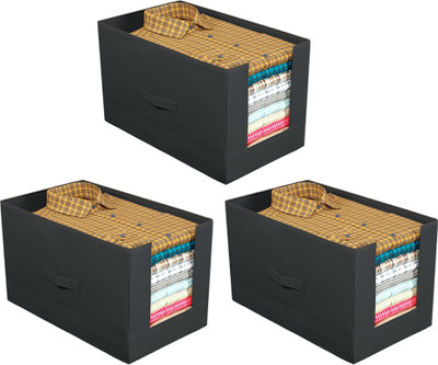 Hoomora Foldable Non-Woven Shirt Stacker Organizer Box Front Open Cloth Storage Box Wardrobe Organizer (Pack of 3)(Black)