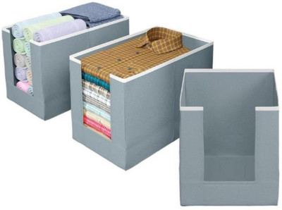 Anany Foldable Non-Woven Fabric Shirt Stacker Storage Box Organizer with Handle for Wardrobe, Closet, Underbed Use Durable, Dust-Proof, Stackable Cloth Storage Bin 3 Pieces(Grey)