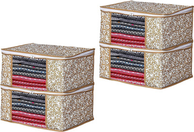 Royal Fashion Saree Cover/Bags/Organizer For Wardrobe - Foldable Saree Covers With Zip, Multipurpose Storage Bag For Suit, Lehanga, Dress Packing With Transparent Window,Pack of 4(Beige)
