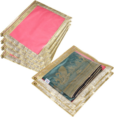 Heart Home Saree Cover 4 Side Lace Single Packing Saree Cover with Zip|Storage Bag|Pack of 6|Light Pink 73HH12173(Light Pink)