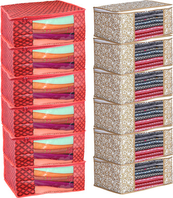 CHAMPARAN saree cover Non Woven Fabric Saree Cover/Clothes Organiser for Wardrobe Set 12(Red, Golden)