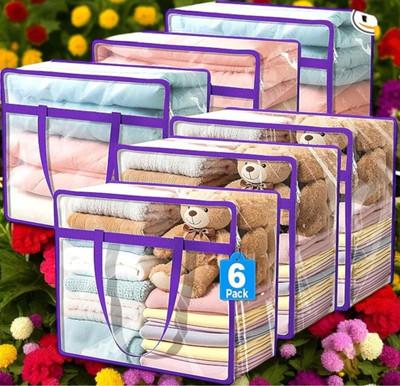 ASIFA Transparent PVC Storage Bag with Zipper and Handles 101_Foldable Organizer for Sarees, Blankets, Sweaters, & 101_Seasonal Clothes – Durable PVC Fabric with Purple Border Pack of 6(Purple)