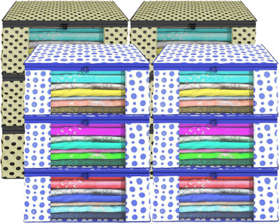 KUBER INDUSTRIES Saree Cover (Pack of 12) Foldable 9 Inch Polka Dot Non-Woven Saree Covers | Cream & Blue Cloth Storage(Cream & Blue)