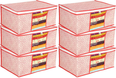 DKS enterprise cloth storage box Non-Woven Fabric Saree Cover Clothes Organiser with Transparent Window storage box for clothes Pack - 6(Red)